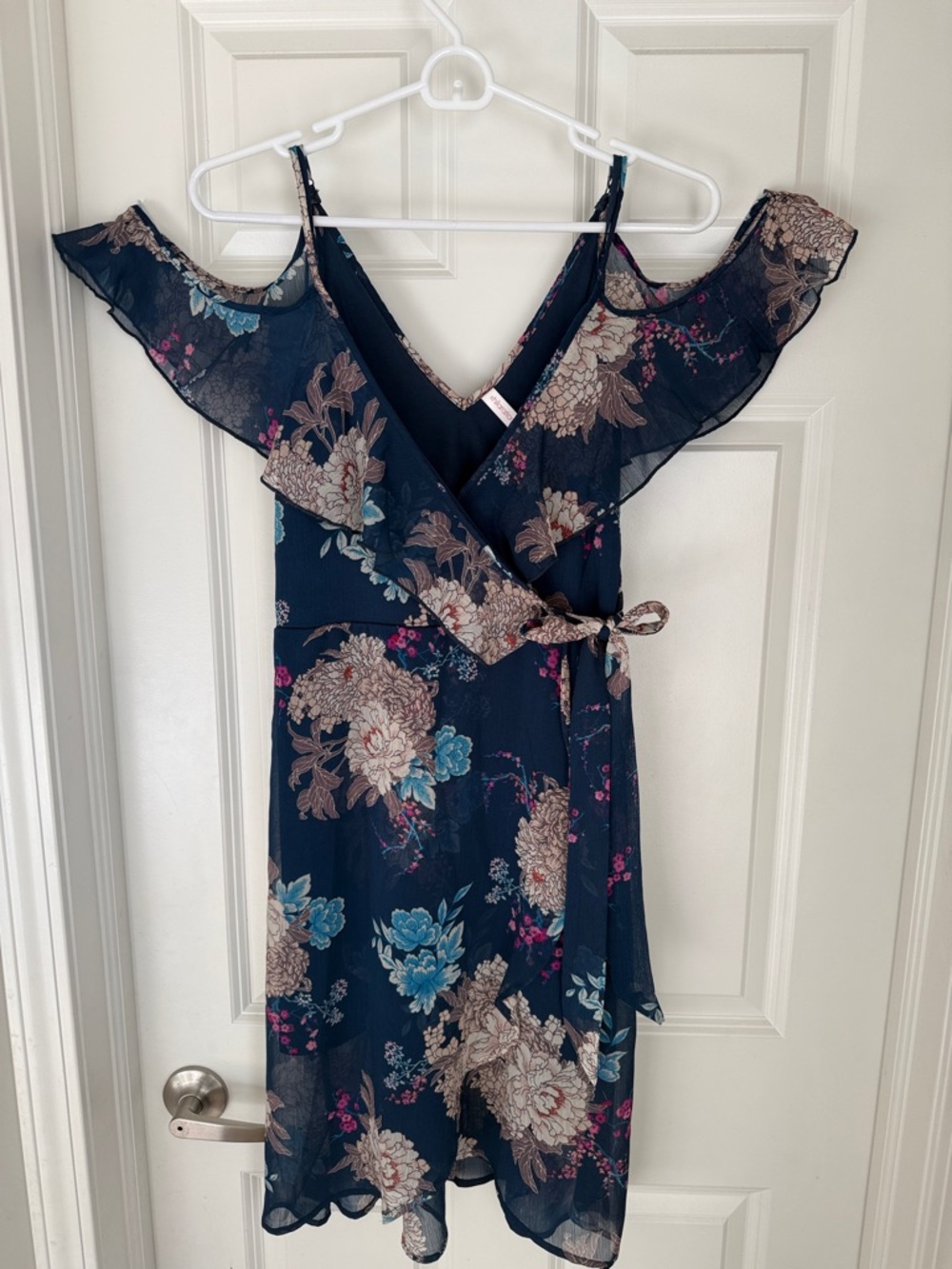 Xhilaration- Floral Wrap-Front Navy Dress with Ruffle Trim